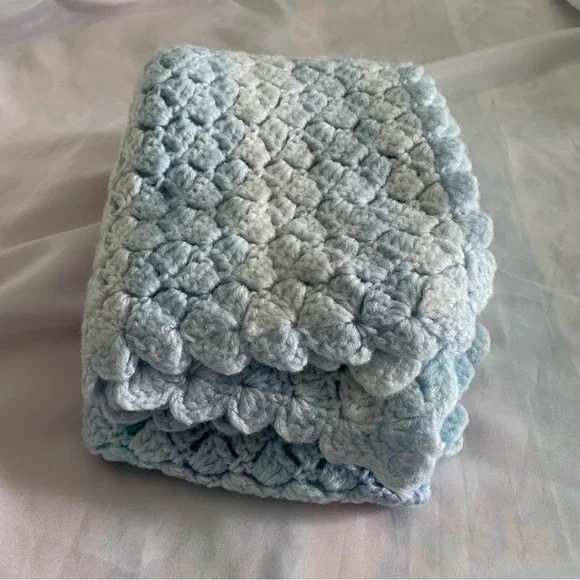 Baby Blanket Crochet Blue Lavender White Soft Blankie 46” x 33” Scalloped Edges - Picture 9 of 9